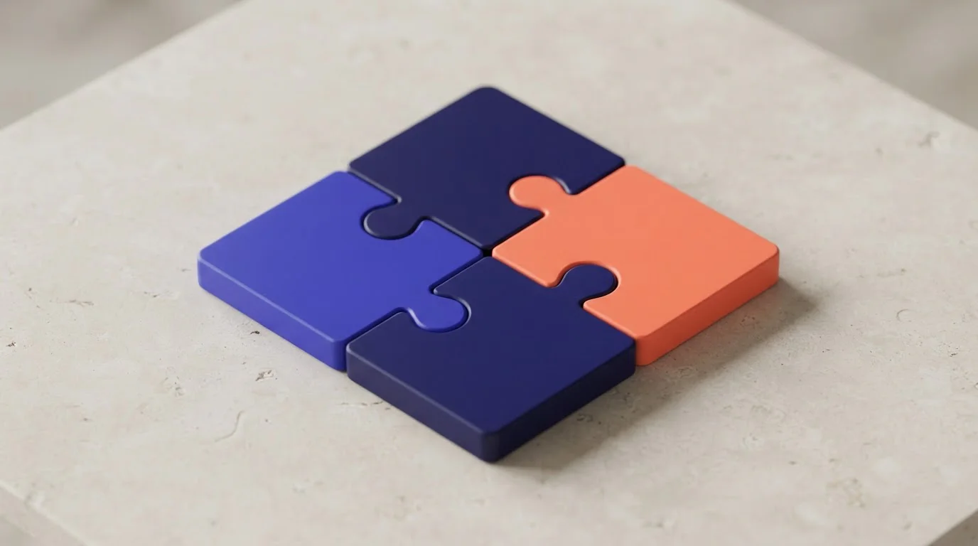 Vier geometrische Puzzleteile bilden ein geschlossenes Quadrat
