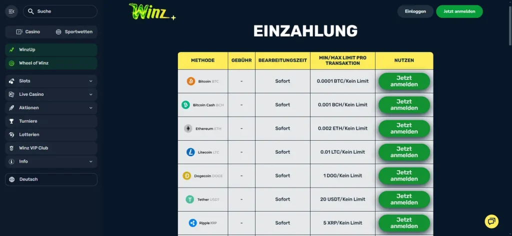 Kryptowährungen und Grenzbeträge in der Zahlungstabelle von Winz