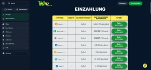 Kryptowährungen und Grenzbeträge in der Zahlungstabelle von Winz