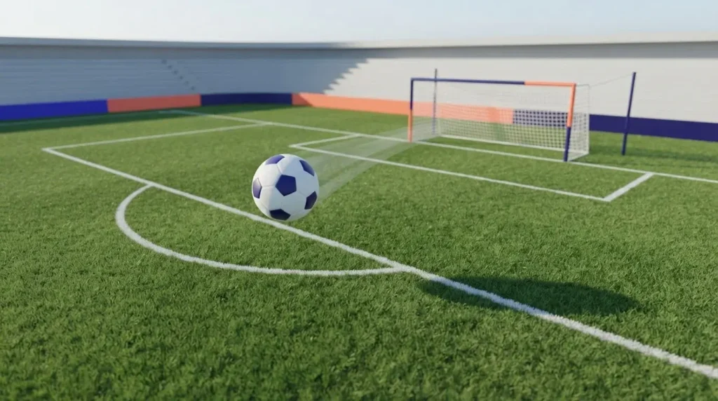 Fußball fliegt über eine grüne Spielfläche vor einem Tor