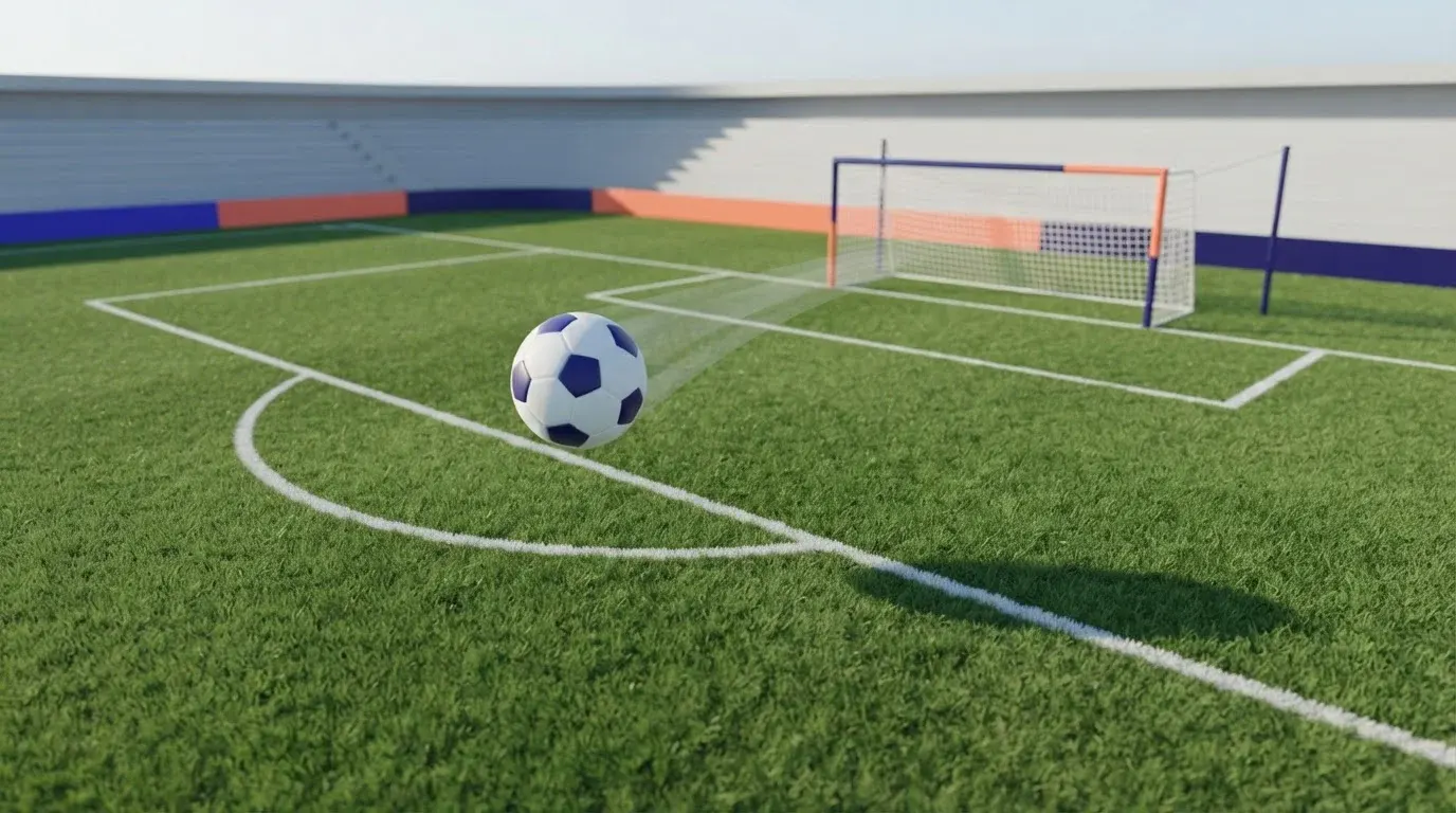 Fußball fliegt über eine grüne Spielfläche vor einem Tor