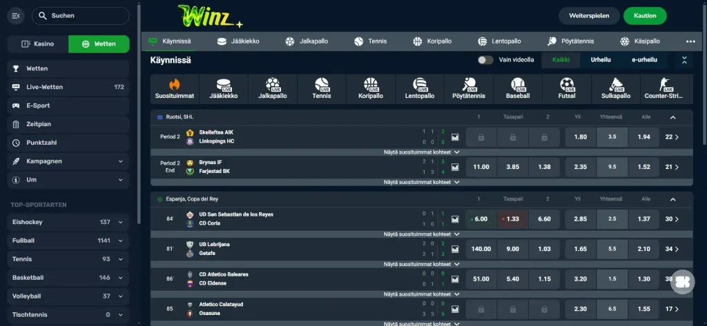 Live-Wetten und Sportauswahl im Sportbereich der Winz-Webseite