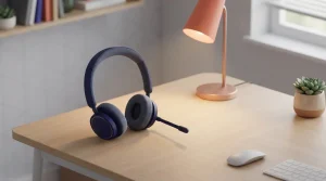 Headset liegt auf einem aufgeräumten Arbeitstisch vor einer Tischlampe