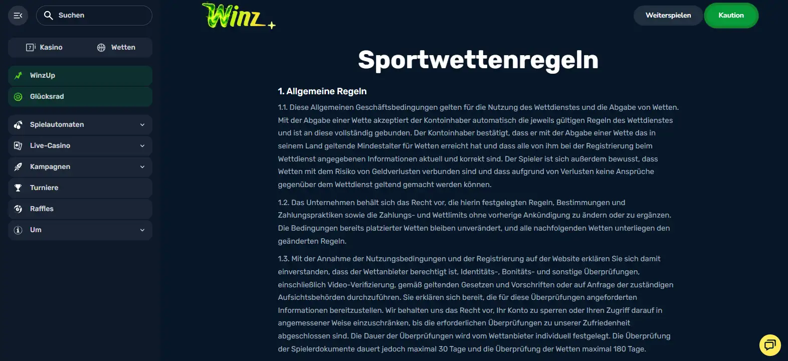 Regelabschnitte für unterschiedliche Sportarten auf der offiziellen Winz-Webseite
